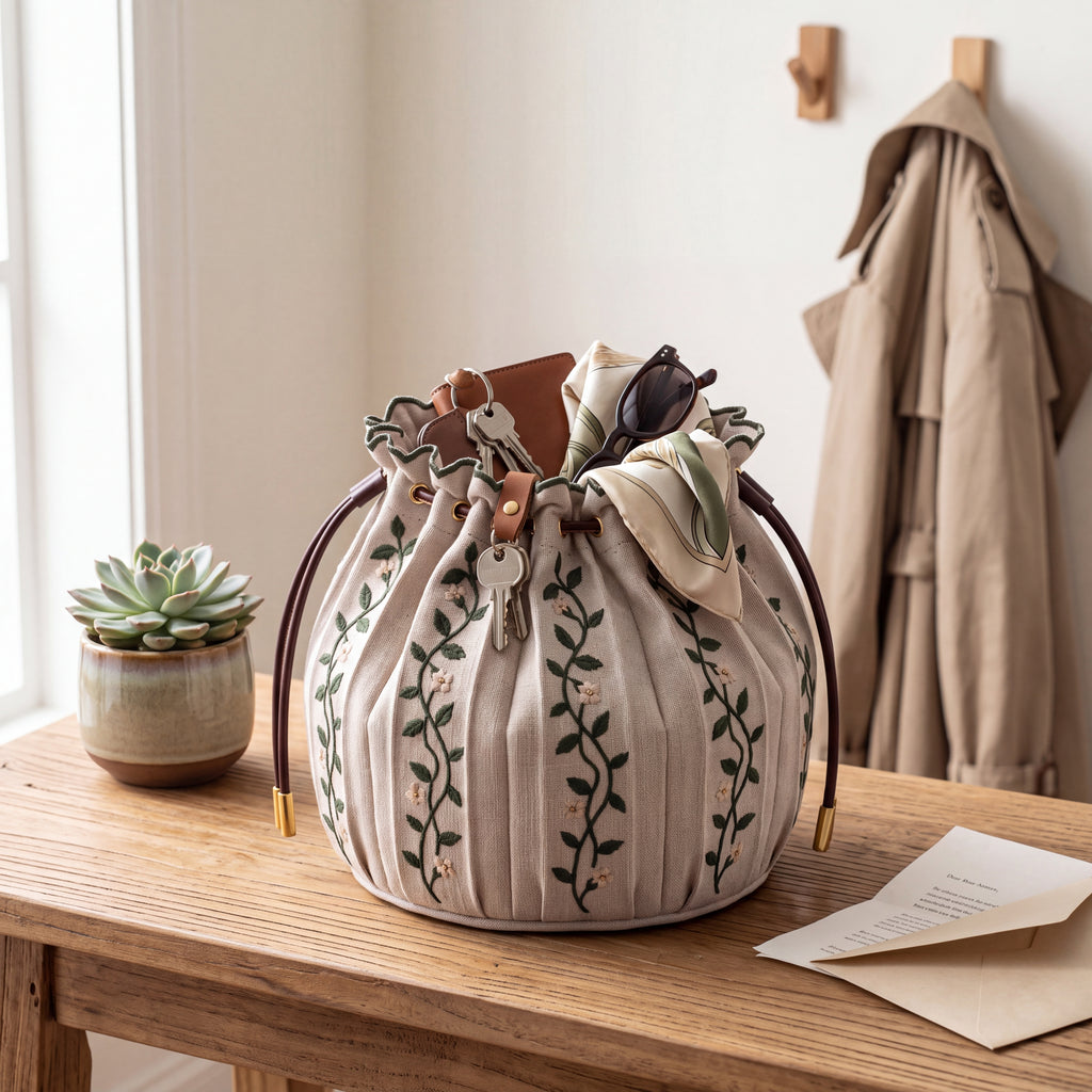 Linen Embroidered Pleated Storage Basket — Soft Living Collection