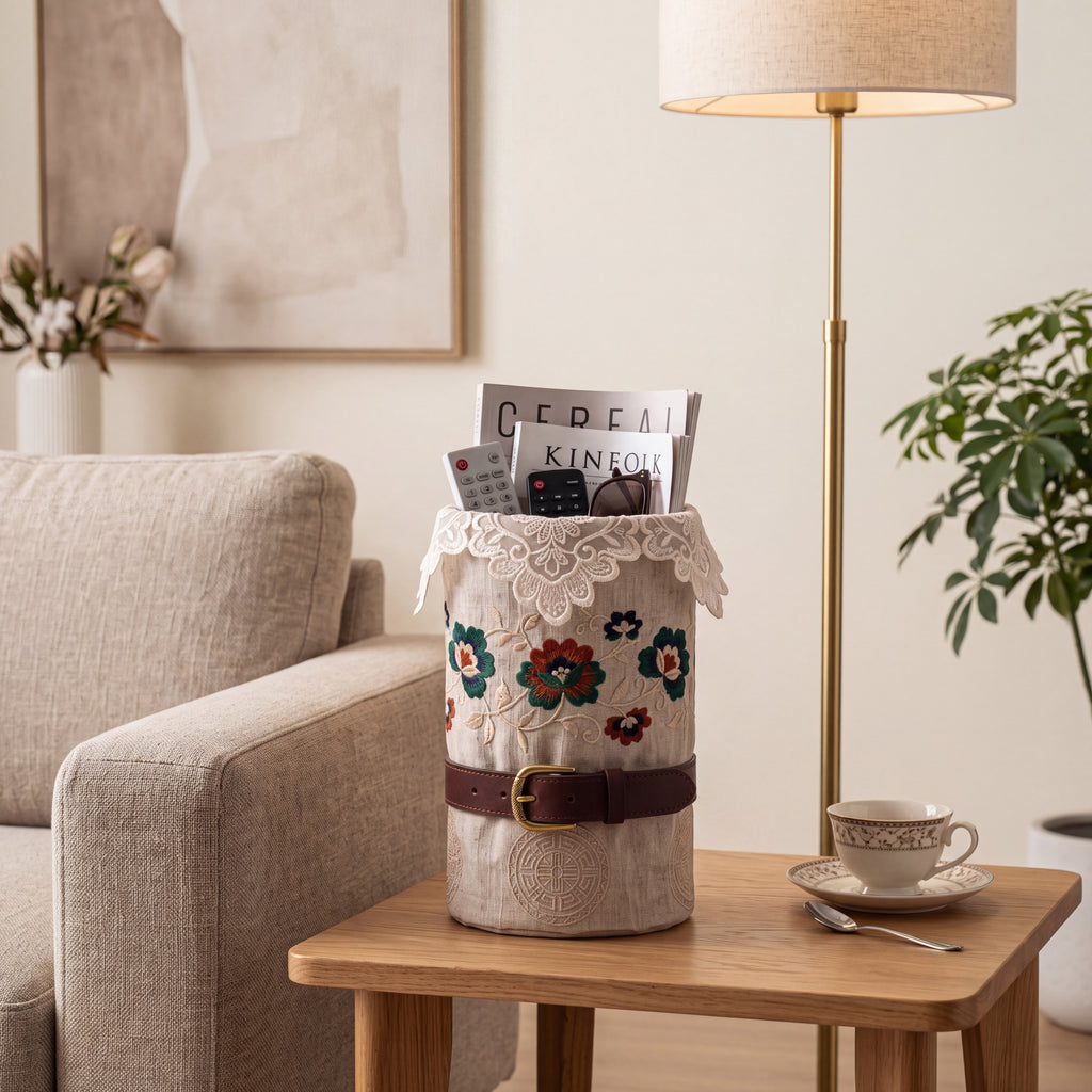 Linen Lace Floral Embroidered Cylinder Basket — Soft Living Collection