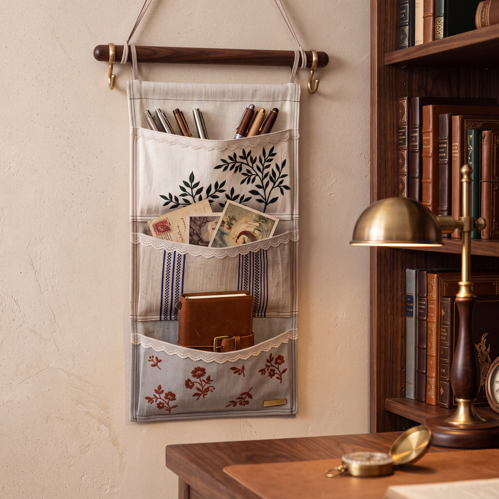 Linen Patchwork Embroidered Wall Organizer — Soft Living Collection