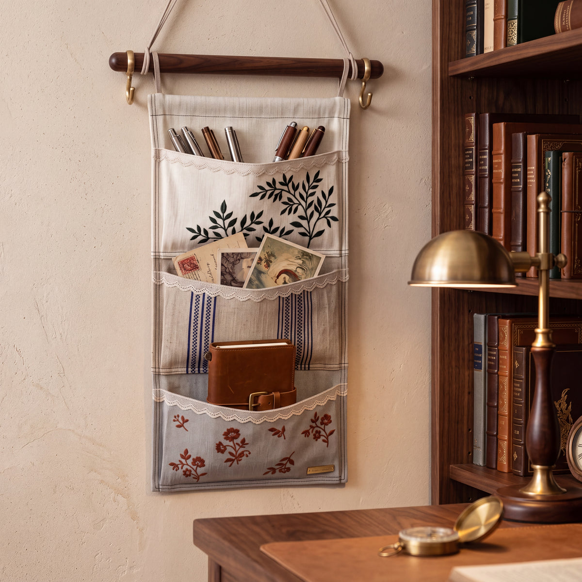 Linen Patchwork Embroidered Wall Organizer — Soft Living Collection