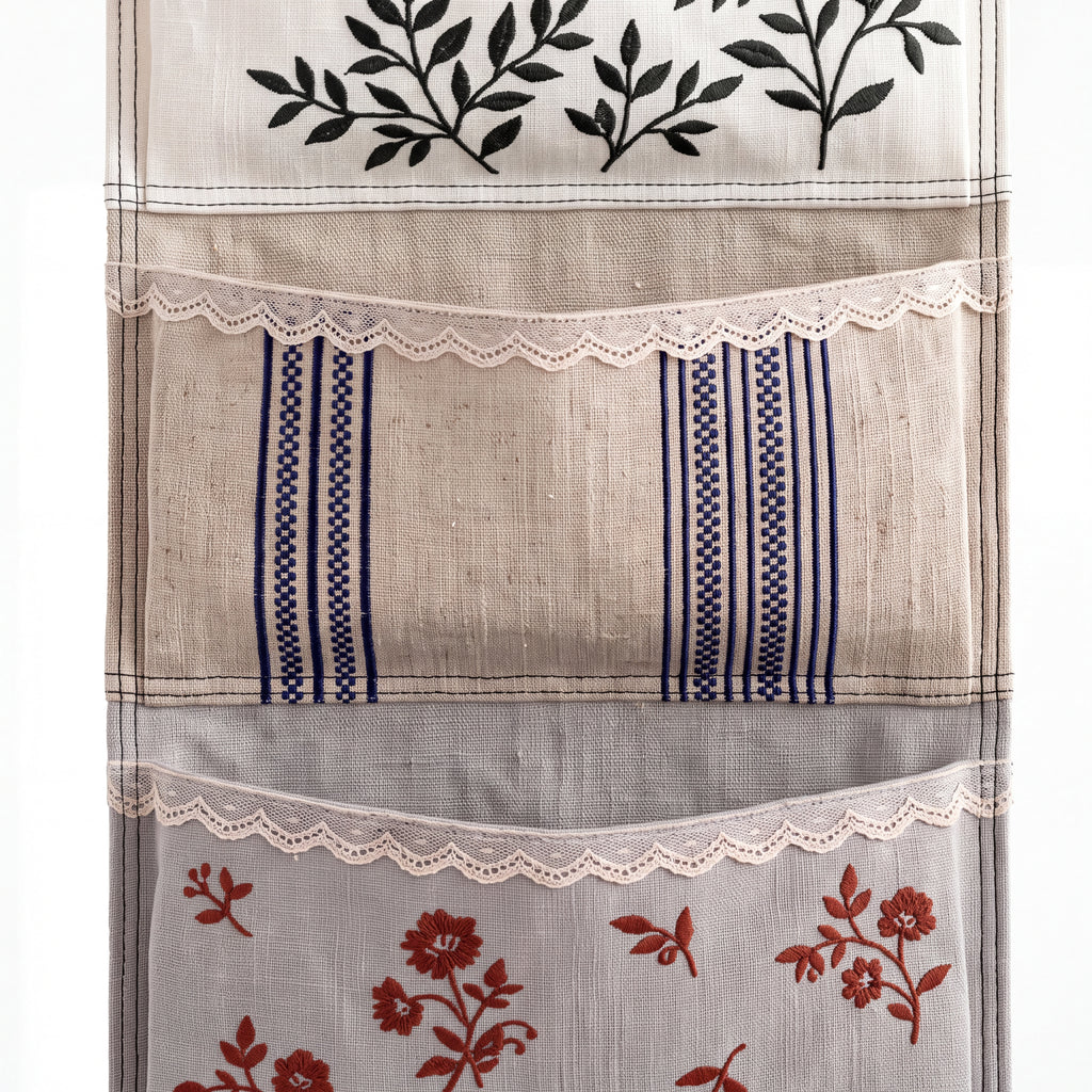 Linen Patchwork Embroidered Wall Organizer — Soft Living Collection