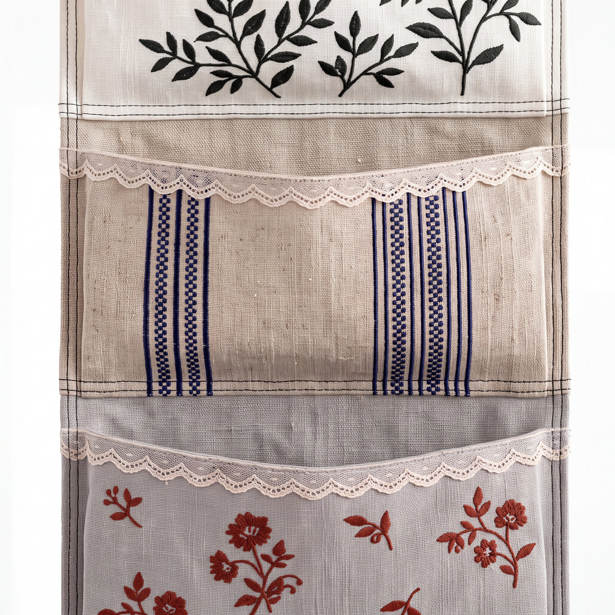 Linen Patchwork Embroidered Wall Organizer — Soft Living Collection