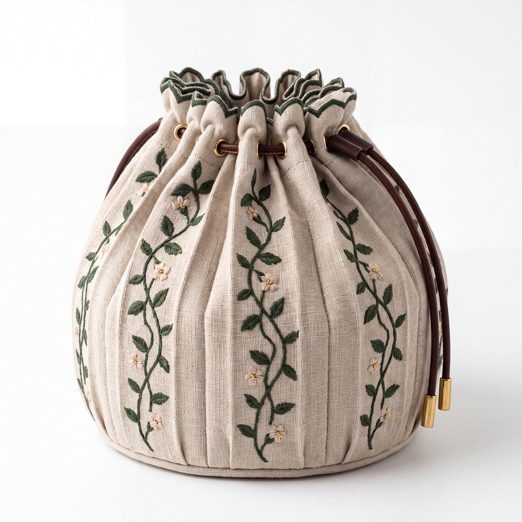 Linen Embroidered Pleated Storage Basket — Soft Living Collection