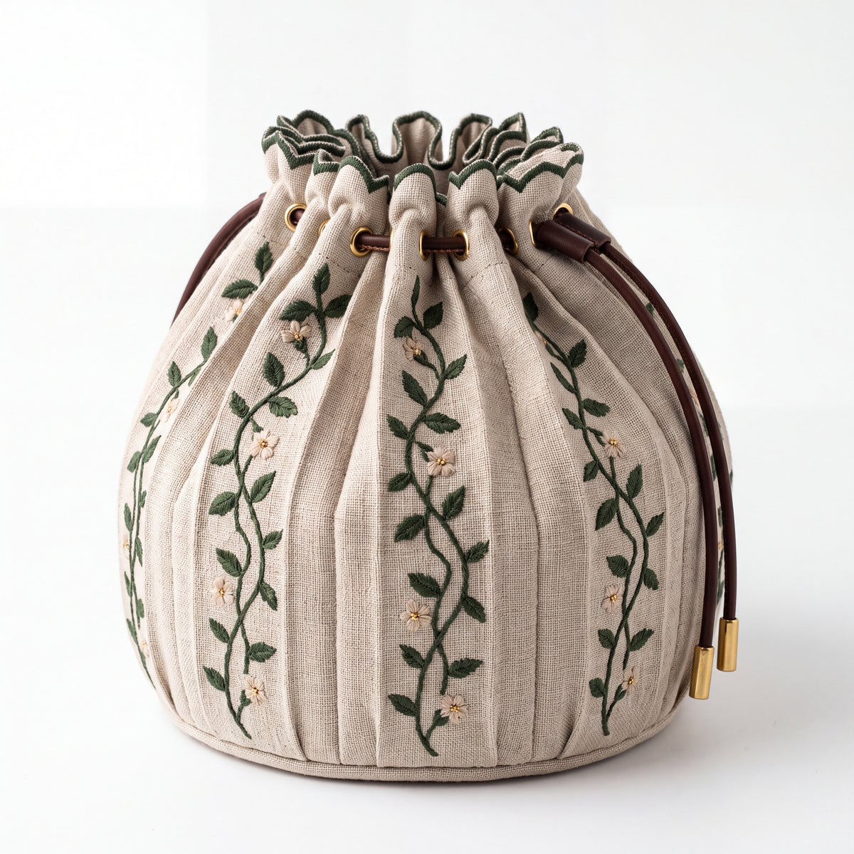 Linen Embroidered Pleated Storage Basket — Soft Living Collection