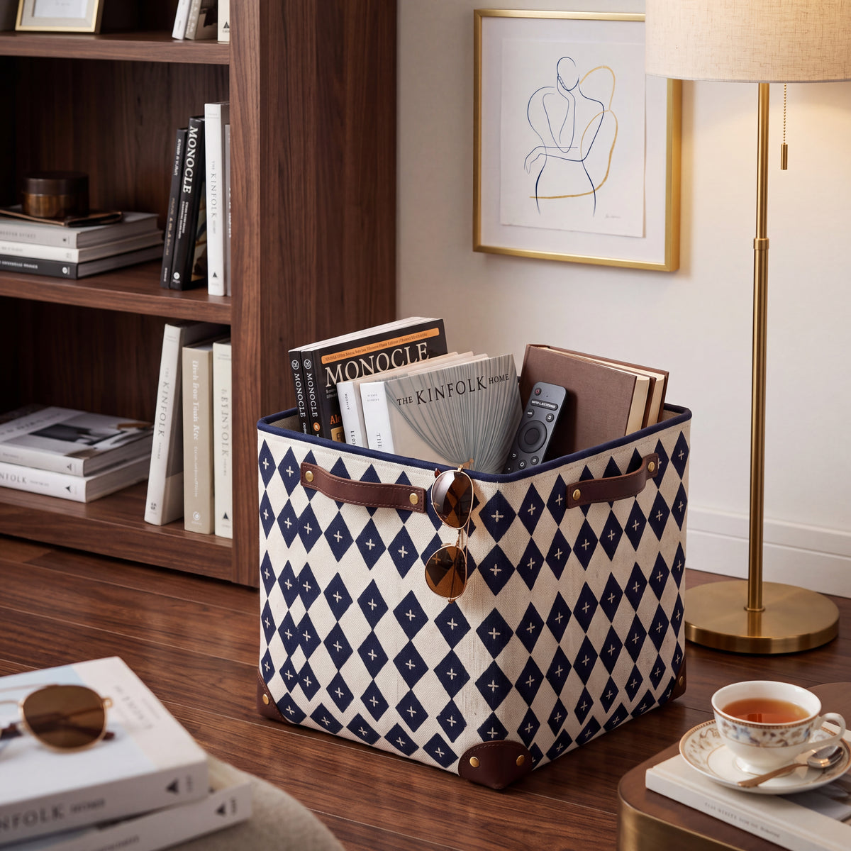Linen Geometric Print Storage Basket — Soft Living Collection
