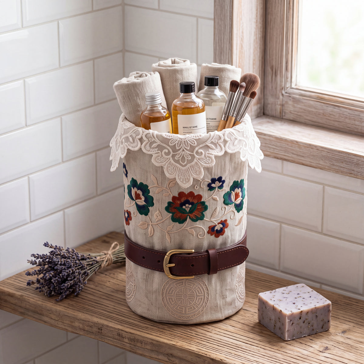 Linen Lace Floral Embroidered Cylinder Basket — Soft Living Collection