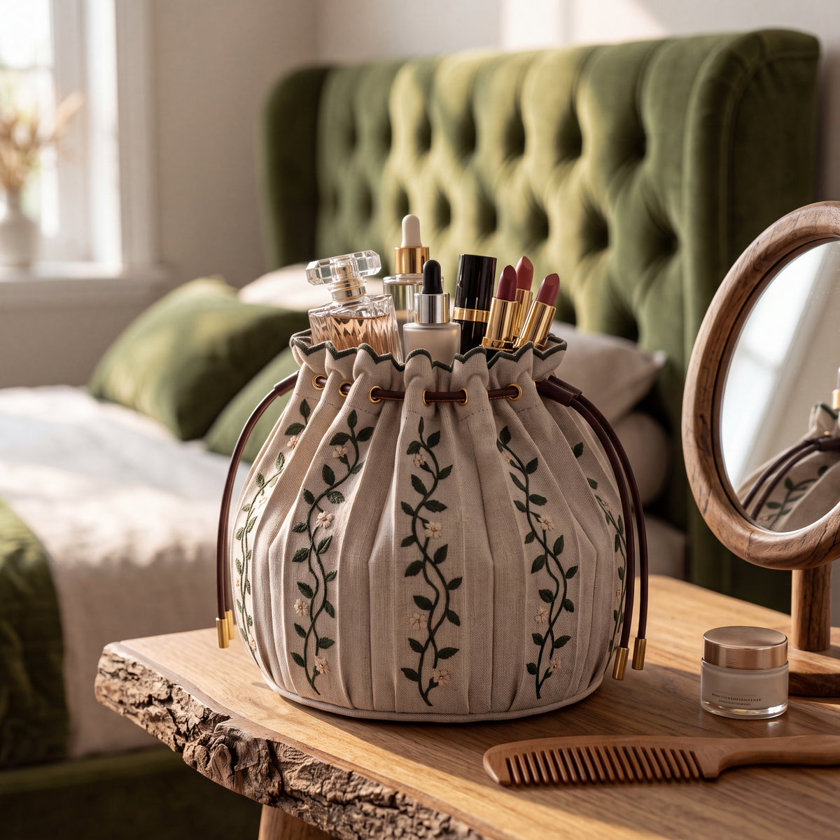 Linen Embroidered Pleated Storage Basket — Soft Living Collection