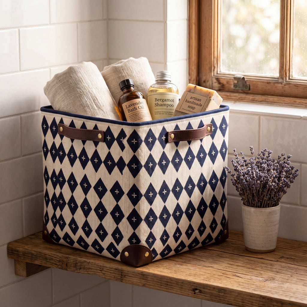 Linen Geometric Print Storage Basket — Soft Living Collection
