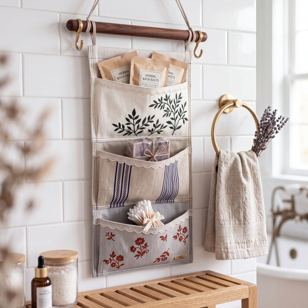 Linen Patchwork Embroidered Wall Organizer — Soft Living Collection