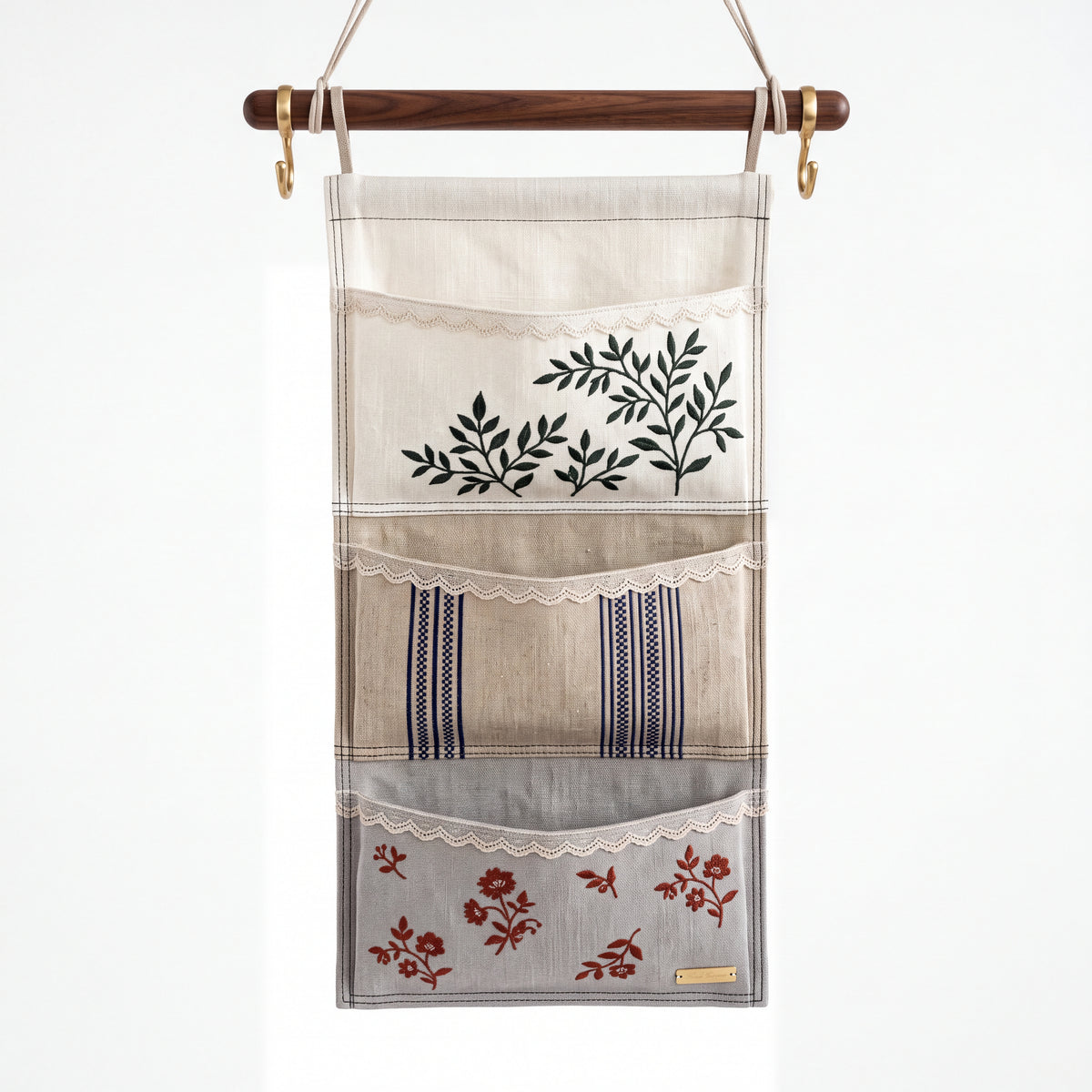 Linen Patchwork Embroidered Wall Organizer — Soft Living Collection
