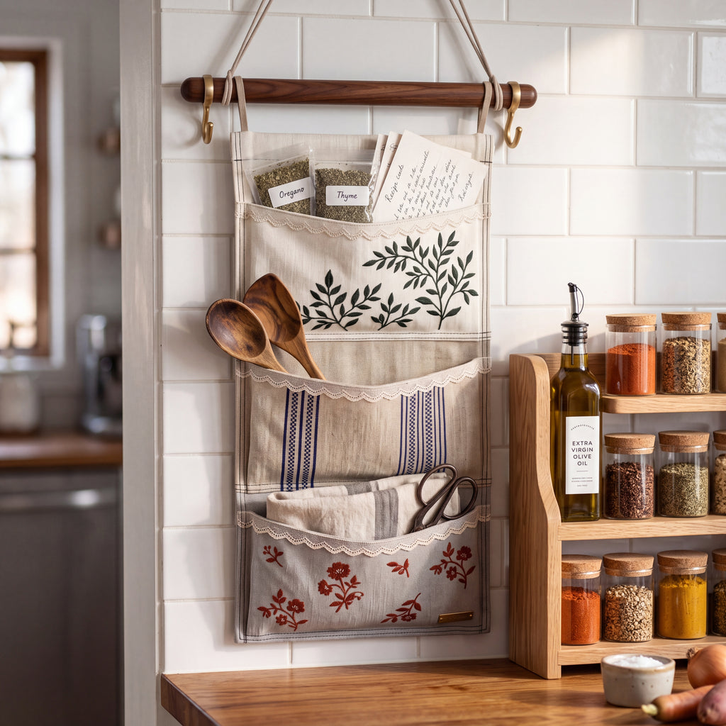 Linen Patchwork Embroidered Wall Organizer — Soft Living Collection