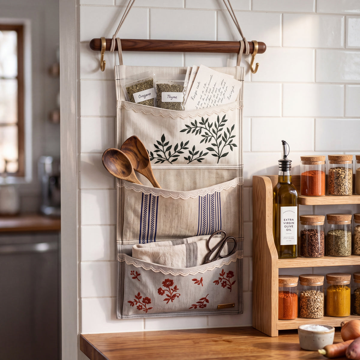 Linen Patchwork Embroidered Wall Organizer — Soft Living Collection