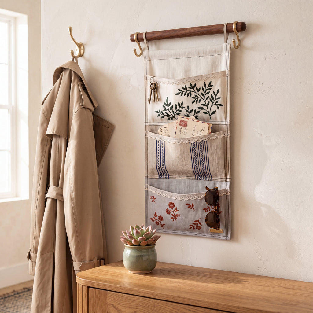 Linen Patchwork Embroidered Wall Organizer — Soft Living Collection