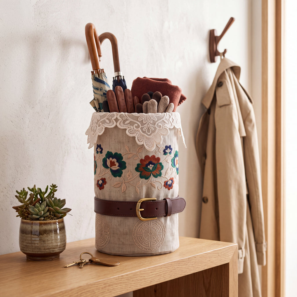 Linen Lace Floral Embroidered Cylinder Basket — Soft Living Collection