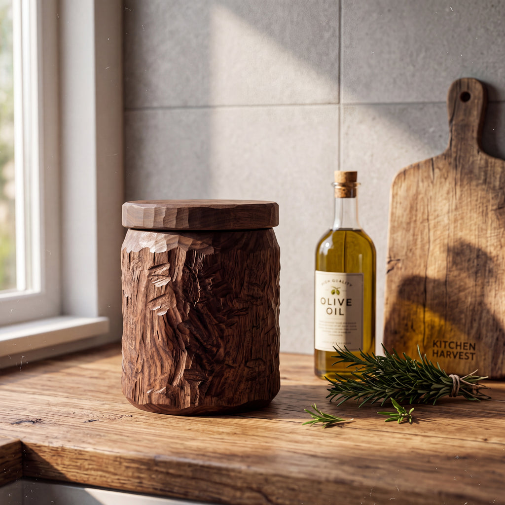 Hand-Carved Black Walnut Canister — Forest Collection