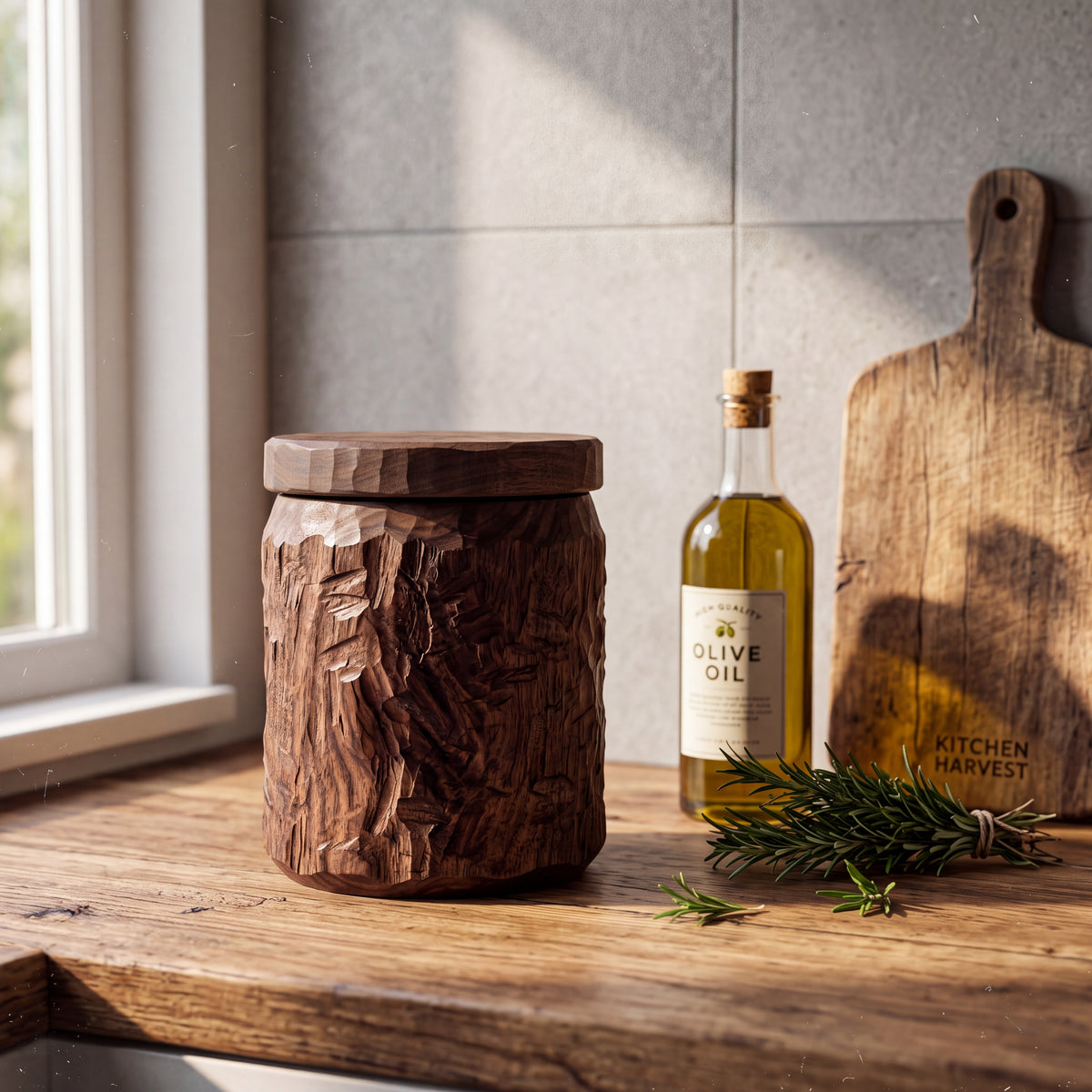 Hand-Carved Black Walnut Canister — Forest Collection