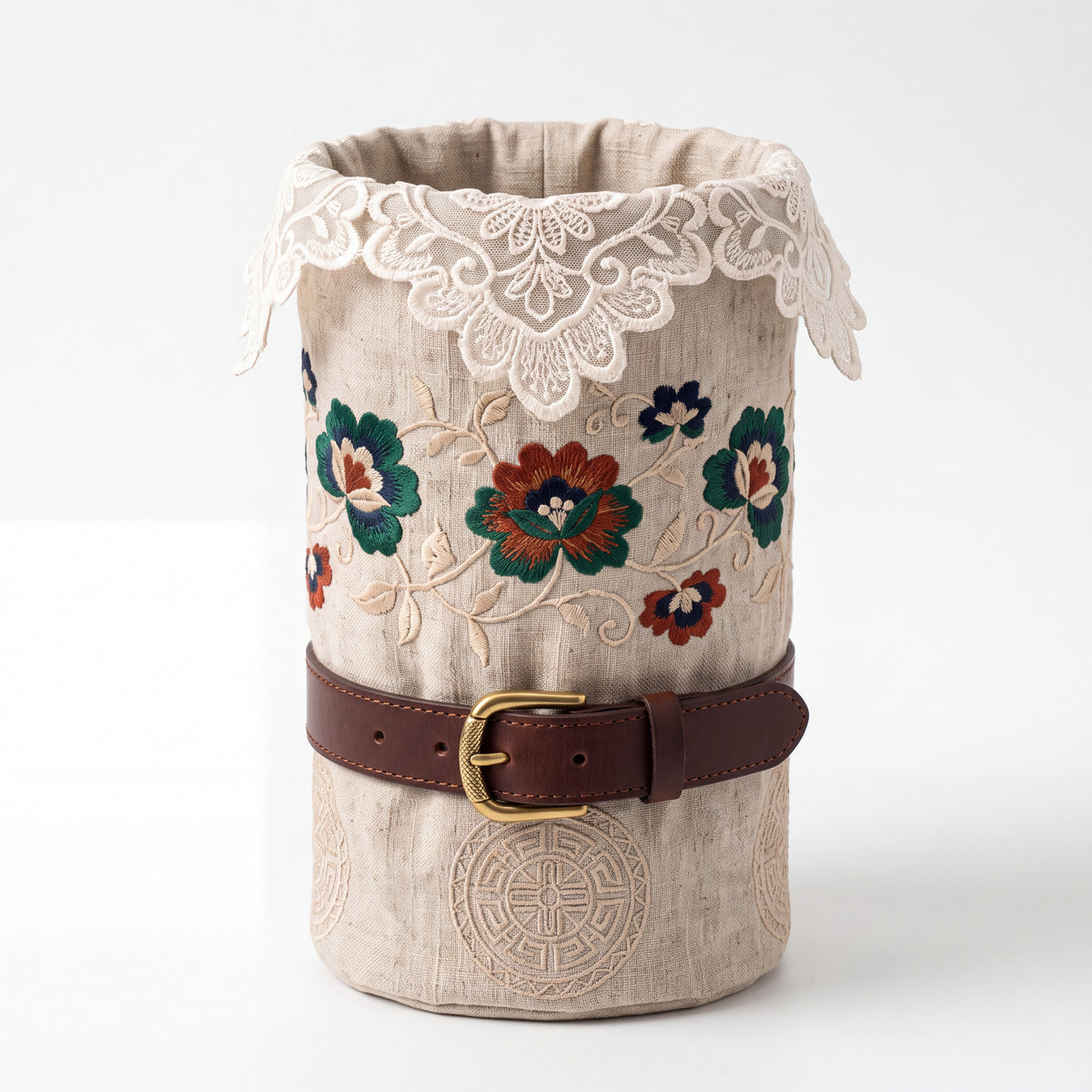 Linen Lace Floral Embroidered Cylinder Basket — Soft Living Collection