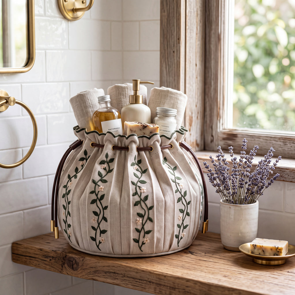 Linen Embroidered Pleated Storage Basket — Soft Living Collection