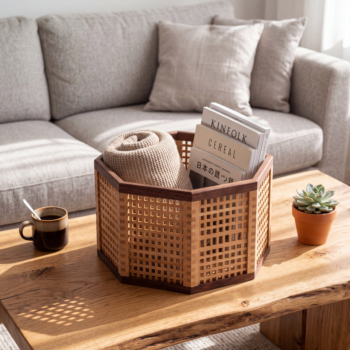 Octagonal Wood Lattice Basket — Forest Collection